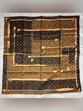 Louis Vuitton Monogram Belt Chain Silk Square Scarf Brown Gold Large